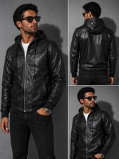 Men's Black Genuine Leather Hooded Jacket Zip Up Hoodie Lambskin Bomber Hoodie