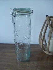Vintage FRUIT Embossed tall Glass Wire Hinged Bail  13" Spaghetti Storage Jar
