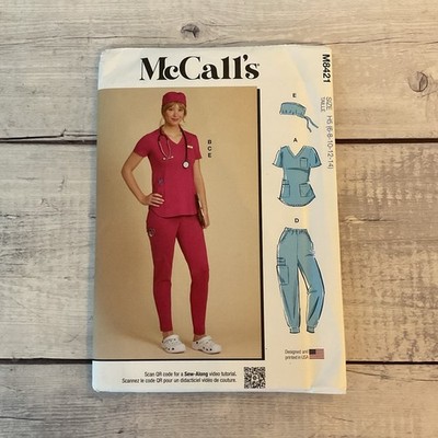 McCalls 8421 Sewing Pattern Scrubs Top Pants Hat Pockets V-Neck Miss 6-14 UNCUT