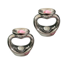 2 Silver Heart Tea Light Wax Melt Warmer Oil Burner + Candle + Melts