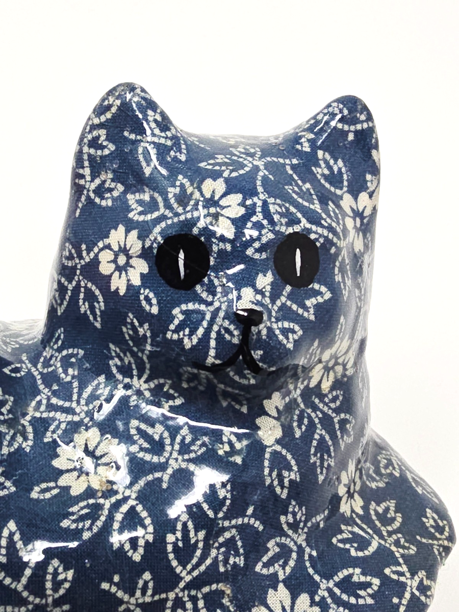 Vintage Decoupage Cat Figurine Doorstop Blue Chintz Floral Fabric