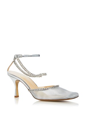 NALEBE Womens Silver Chain Crystal Mesh Stellar Square Toe Stiletto Pumps 37.5