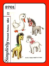 STUFFED Animals Pattern DUCK Donkey GIRAFFE Lamb Toy Simplicity 3701 VTG 60s