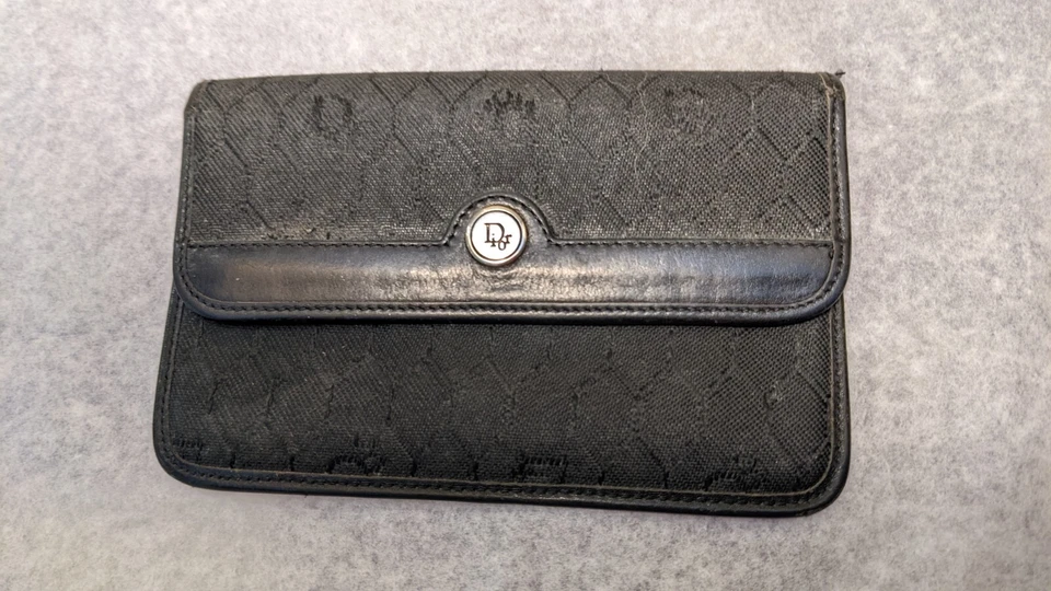 Dior, vintage, porte-monnaie, porte cartes, monogramme, noir toile et cuir 16cm - Photo 2/4
