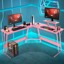 L Shaped Corner Desk Gaming Desk Computer Desk w/ Large Desktop Work Place Pink
