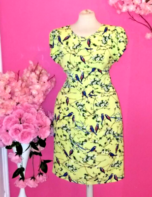 WOMEN PLUS SIZE BIRDS PATTERN YELLOW MIDI DRESS SIZE UK16