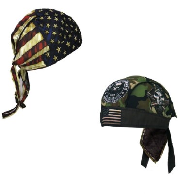 Lot Set 2 American Flag USA 2nd Amendment Skull Headwrap Sweatband Durag Biker