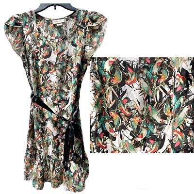 BELLE du JOUR Birds Ruffles Sheer Dress Size S Pixie Romantic Color Ribbon Belt