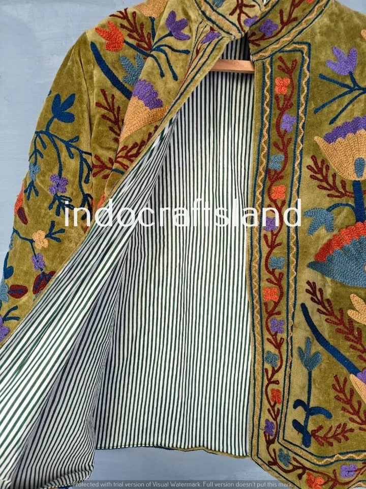 Velvet Suzani Embroidered jacket Floral Design With Cotton Lining Women Wear Gif - Image 3 of 4