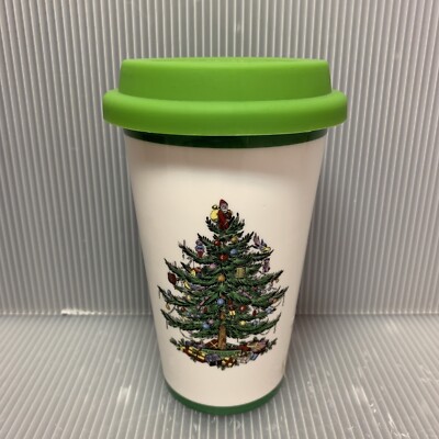 Spode Christmas Tree Travel Coffee Mug with Silicone Lid, 11 oz Tumbler Ceramic