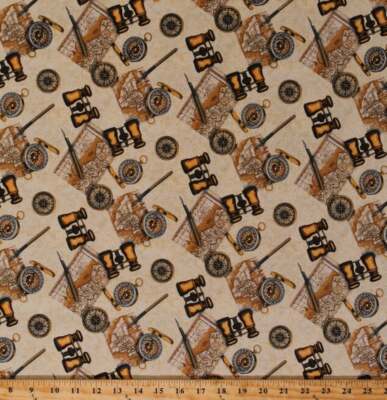 Fat Quarter Expedition Tools Karte Kompass Fernglas 100 % Baumwolle Steppstoff