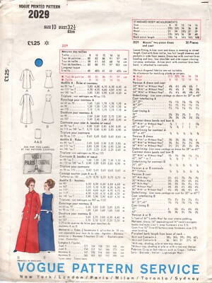 Patron De Couture Vogue 1968 – Robe Et Manteau, Modèle B32 (R385) – Neuf
