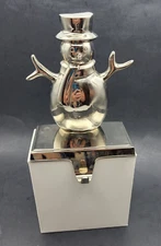 Heavy Silver Metal Snowman Stocking Holder Hanger Shiny 6x5x2.75"