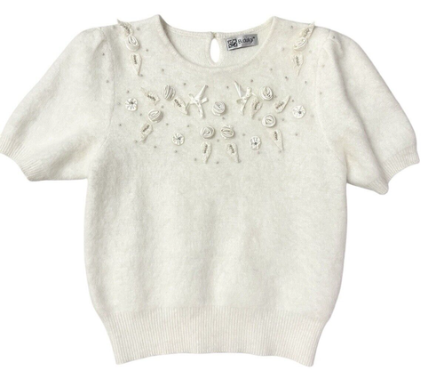 B Dulgi Soft Angora Wool Ivory Sweater Top Vtg 80s Fuzzy Satin Roses M Feminine