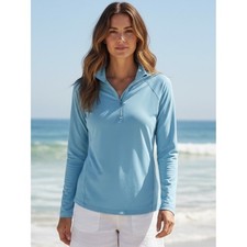 Lands' End Sky Blue Front Zip Rash Guard Swim Top Activewear Pullover, M NWT