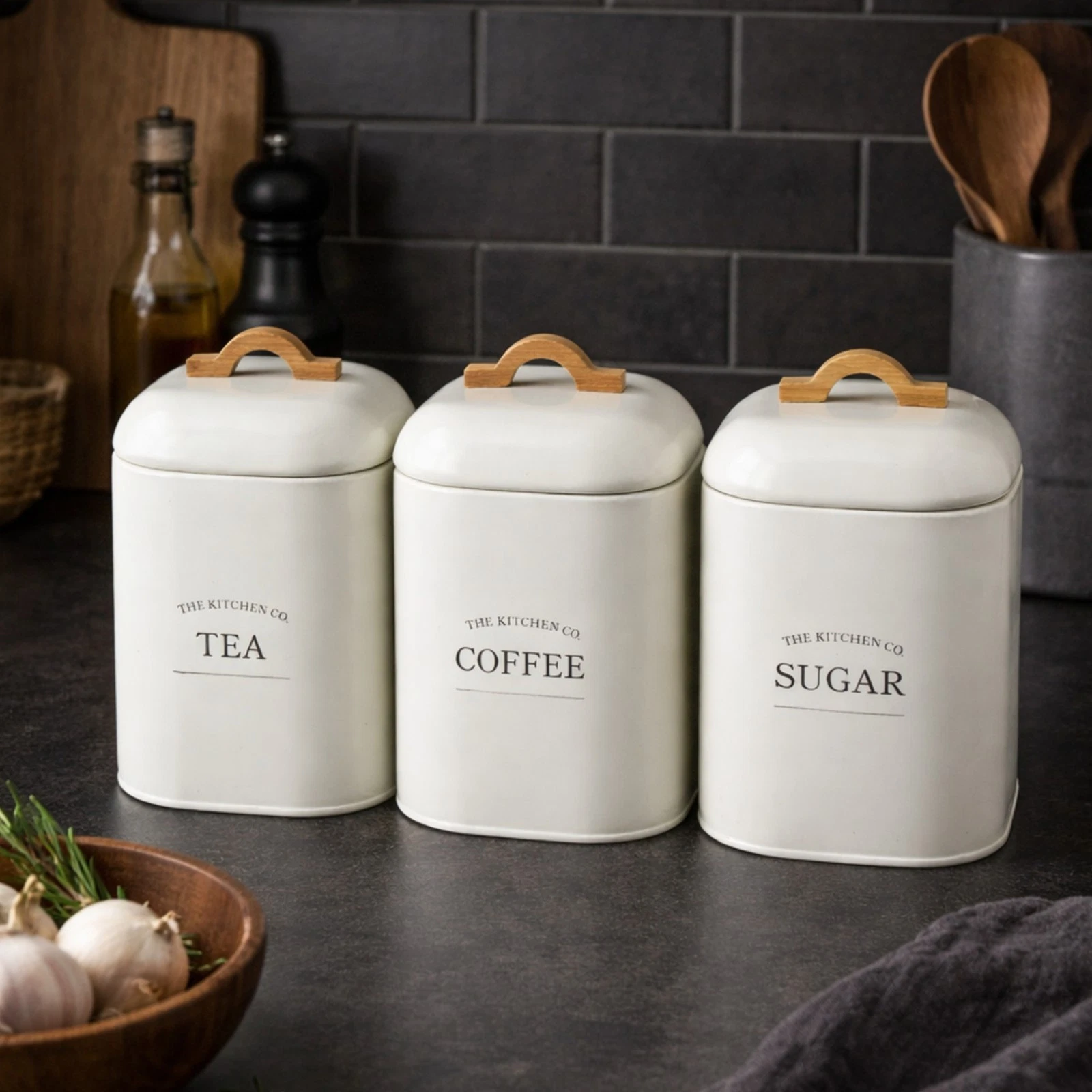Tea Coffee Sugar Canister Set of 3 Metal Chic Design Cream White Bamboo Lids
Opens in a new window o