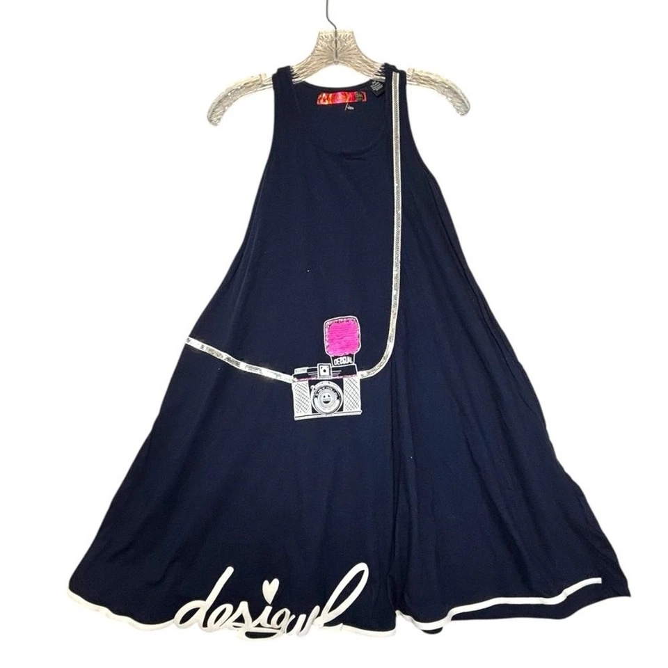 Desigual Girls Sleeveless Midi Dress Navy Pink Camera Cotton Sz 13/14 Retro Y2K - Image 2 of 4