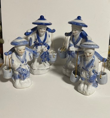 Porcelain Chinese Fisherman Figurine Water Carrier Set of 4 Asian Decor VTG MCM