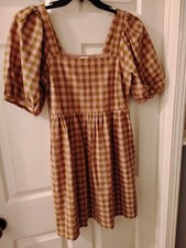 Madewell Small Brown Pink Check Dress. Baby Doll. Square Neck. Pockets