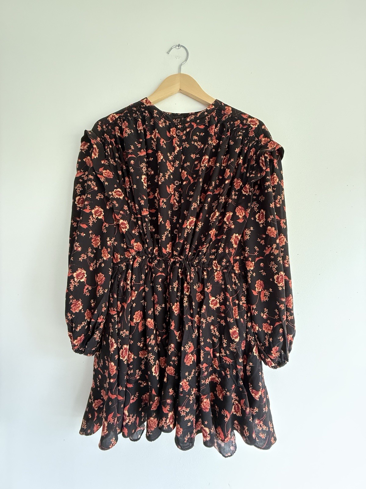 Free People Black Floral Mini Dress XS Boho Ruffle Long Sleeve Smocked Waist Vis