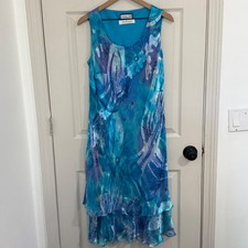 Vintage La Bottega Midi Dress Womens XL Blue Floral Watercolor Tiered Silk Fairy