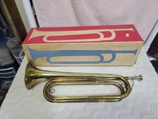 VINTAGE U.S. REXCRAFT REGULATION BRASS BUGLE MADE IN USA W / MOUTHPIECE  BOX