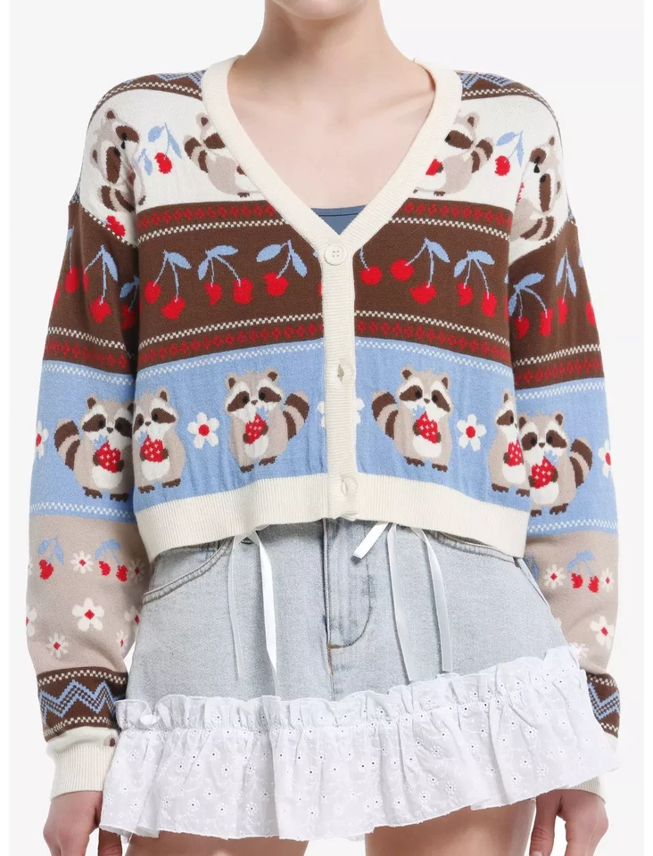 Cárdigan recortado Thorn & Fable JRS LG mapaches y cerezas nuevo sin etiquetas | Suéter de verano