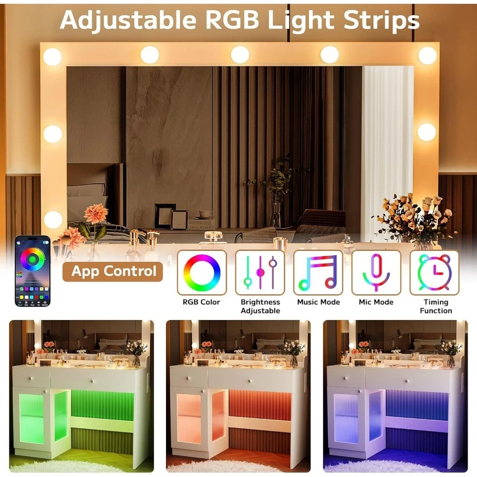 Tocador Escritorio con Espejo Grande y Luces, Tocador de Maquillaje con Tapa de Vidrio de 39.4"" con Foto 4 de 4