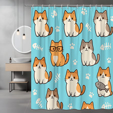 Cute Cat Shower Curtain for Kids, Fun Blue Design