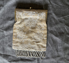 Victorian Beaded Original Purse Micro Beads Antique Deco Cream Floral Metal
