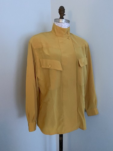 Vintage 80s Yellow Career Blouse SZ XL Shoulder Pads - Picture 2 of 10