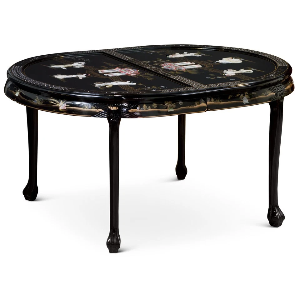 US SELLER - Black Lacquer Mother of Pearl Oval Oriental Dining Set with 6 Chairs - Image 3 of 4