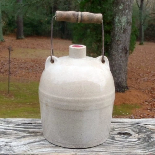 Antique REDWING Small Banded Tan STONEWARE POTTERY JUG w/Wire  & Wood Handle NR