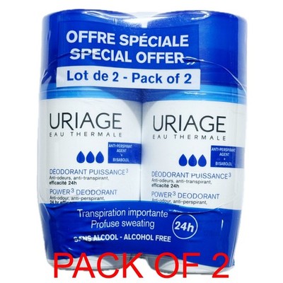 2 X Uriage Power 3 Anti-Odor Antiperspirant Roll On Deodorant 50mI EXP 02/2029