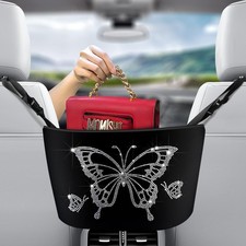 Car Handbag Holder Black Rhinestone Leather Net Pocket Organizer Barrier Bling