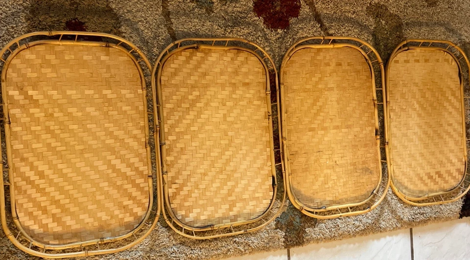 4 Signed Vintage 1980's Woven Wicker Bamboo Wood Large 1x13x19 Serving Tray - Image 2 of 3