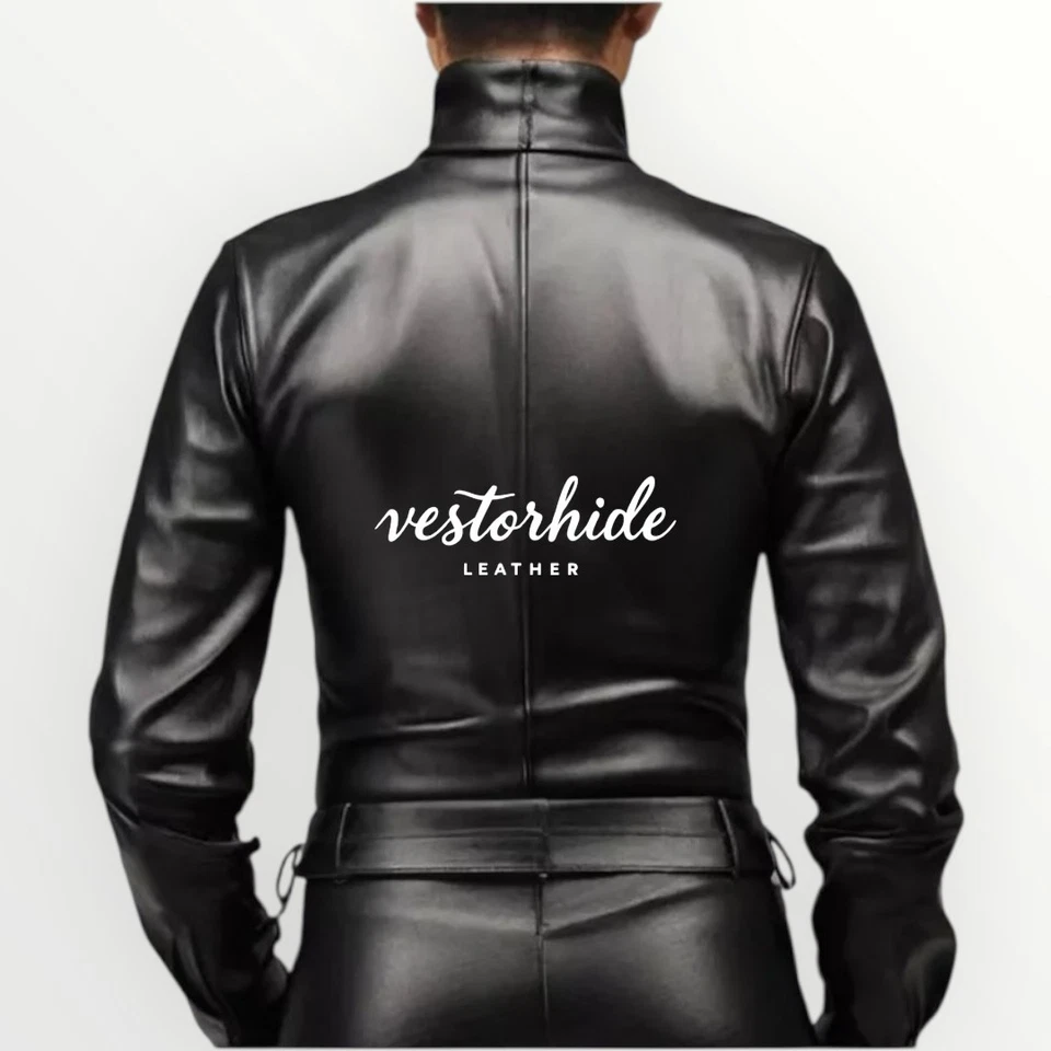 Men's Black Leather Hi-neck Shirt Genuine Lambskin Leather Shirt Slim Fit Shirt - Image 2 of 3