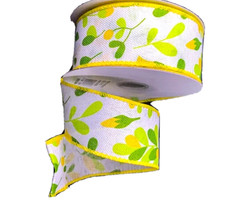 Floral Yellow Buds  Berries 1.5" by 2 yd White Wired Ribbon Spring Summer