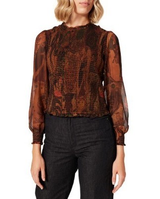 Desigual Blus Hisopo Damen Bluse L Brown Wabenmuster Rüschenkragen