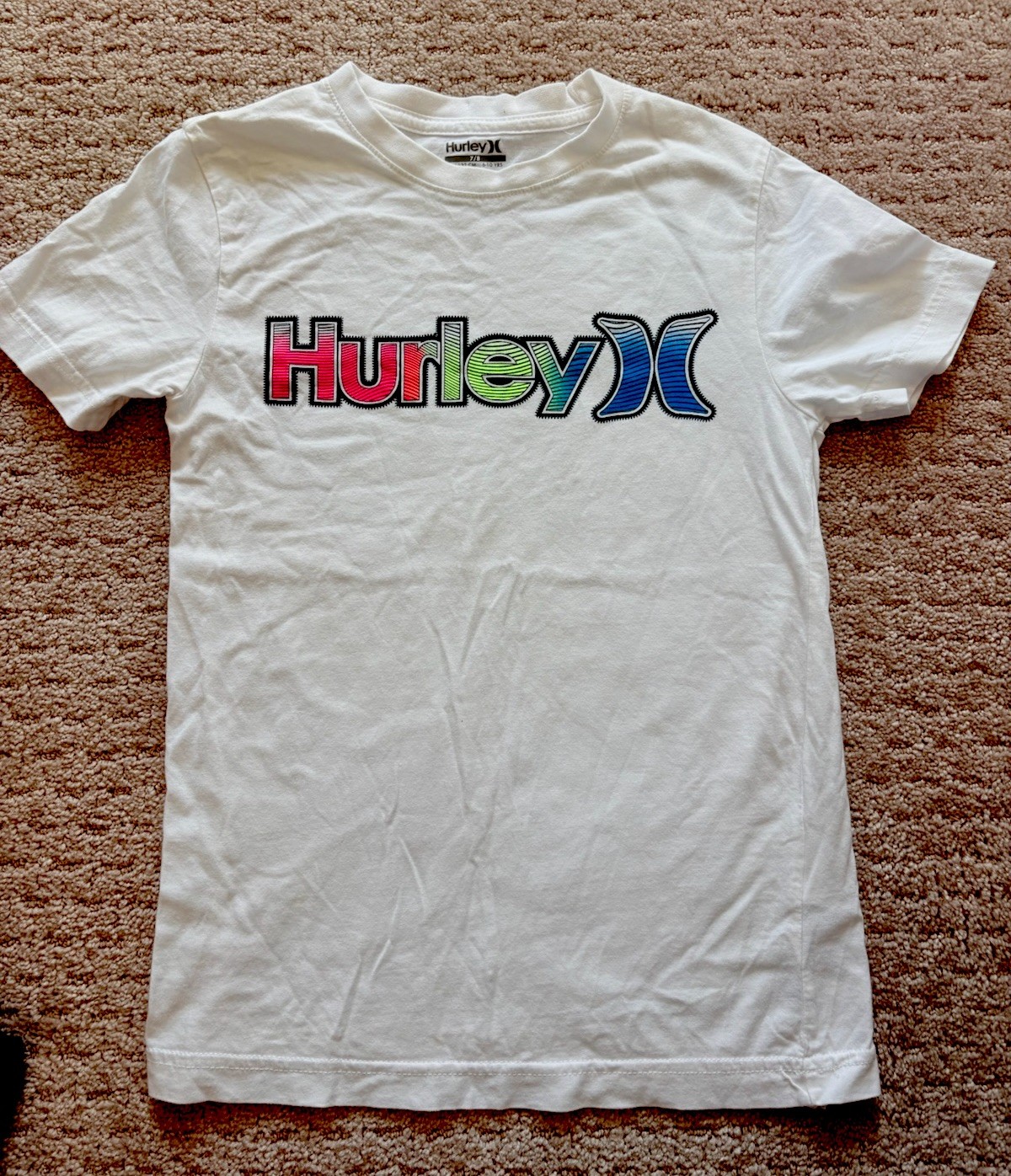 Boys Hurley Size 7/8 Summer White Logo T-Shirt Short Sleeve Crew Neck Tee Shirt