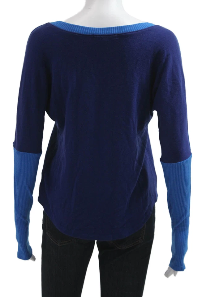 Suéter Red Haute para mujer recortado de seda con cuello en V liso azul oscuro manga larga talla XS Foto 3 de 4