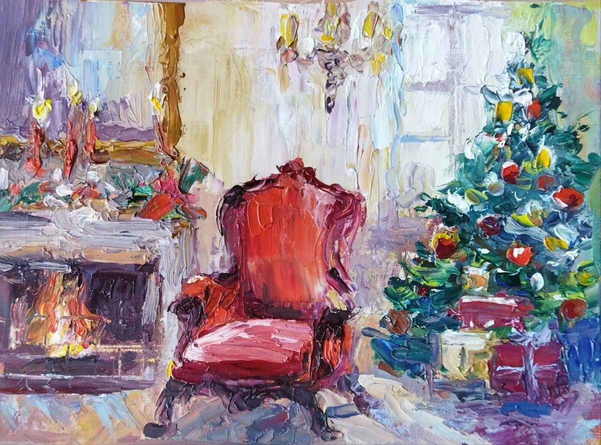 Christmas Eve Original Oil Painting Christmas tree Artwork