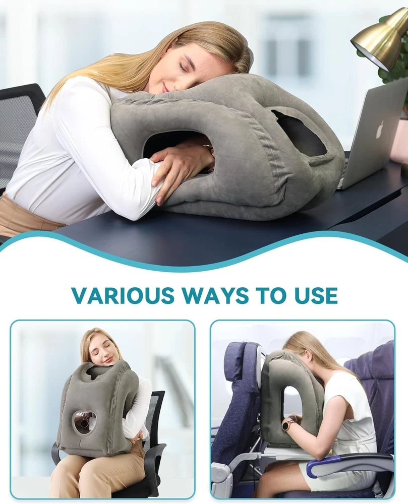 Inflatable Neck Pillow for Travel Car Office Airplane Train Support Grey  