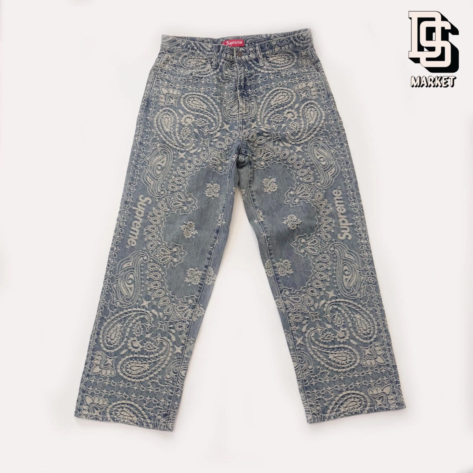 SUPREME BANDANA JACQUARD BAGGY JEAN BLEU 32 S/S 2025 BOÎTE LOGO DENIM JEANS