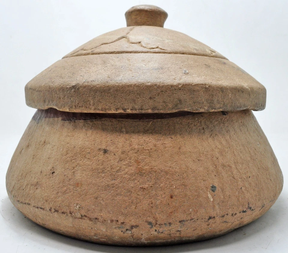 Antigua caja de comida grande redonda de piedra de arena original antigua muy fina tallada a mano Foto 3 de 4