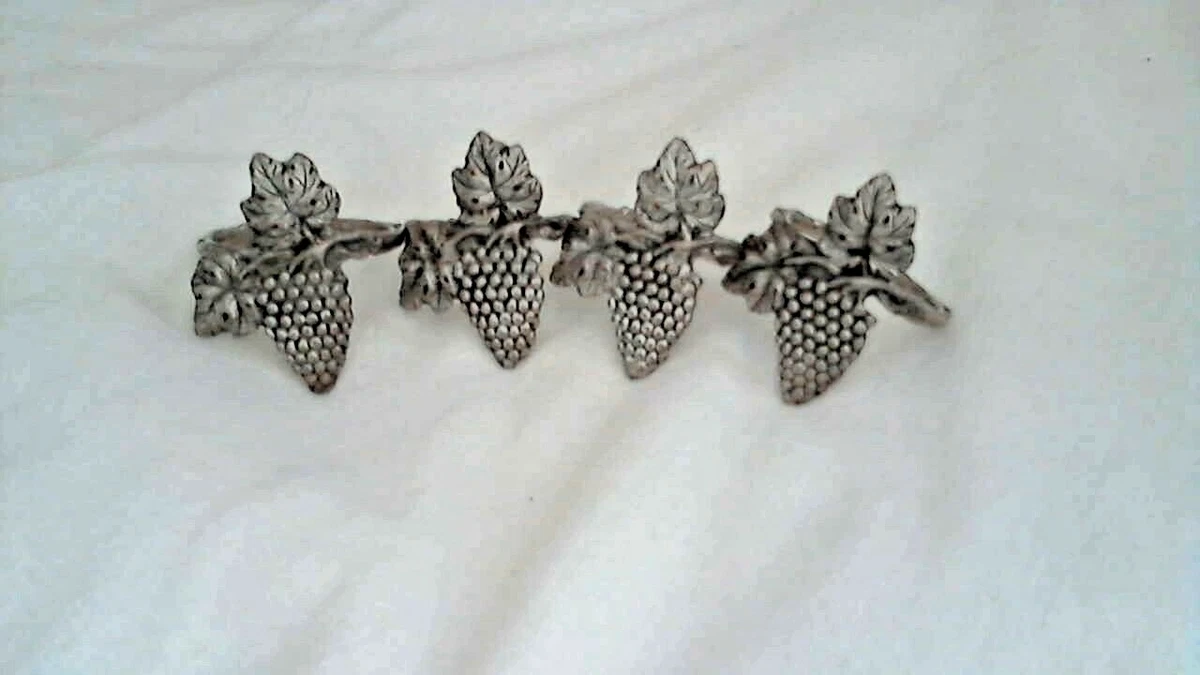 Silver Tone Metal Grape Napkin Rings Set 4 2 H x 1.5 W Antiqued