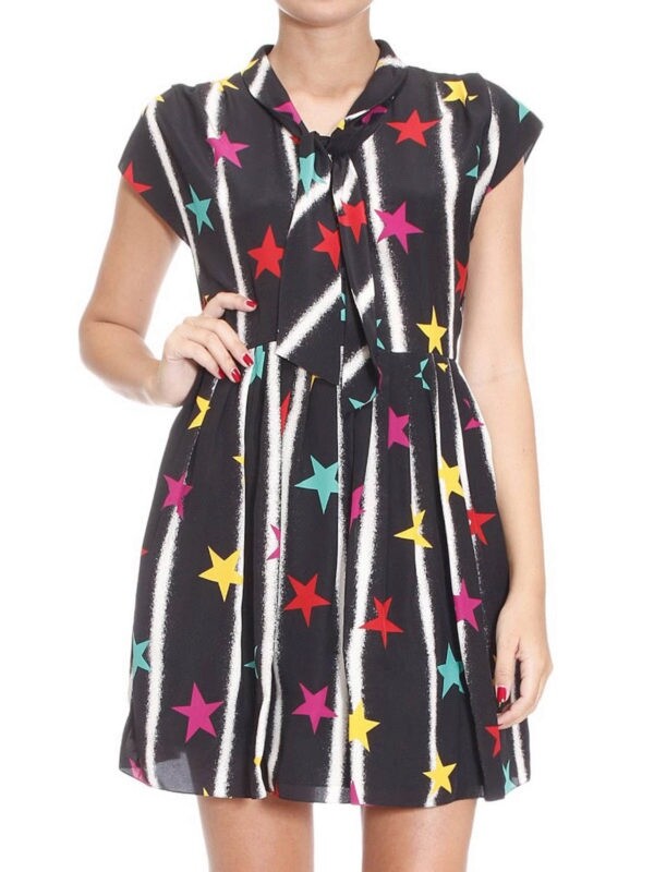 Saint Laurent Mini Abito in Seta Stampa Stella Colorata con Cravatta Taglia 42 10 Nero