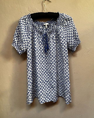 JOIE Womens Small Blue White Short Sleeve Peasant Silk Masha Shirt E85-20366