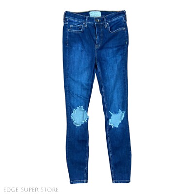 Free People Blue Distressed Ripped Mid-Rise Slim Leg Denim Jeans Pants Size 26