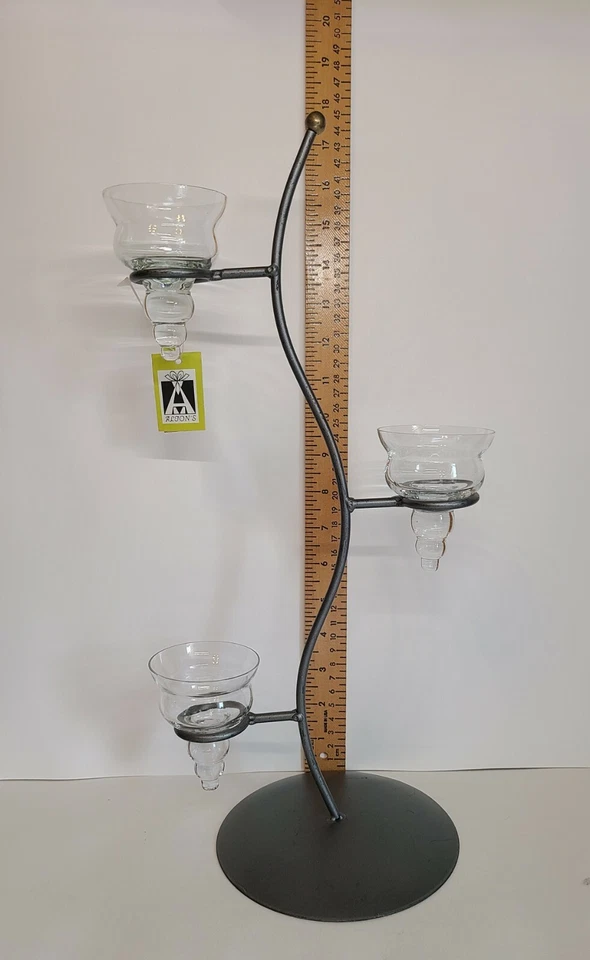 Candelabro para 3 velas hierro metal cepillado níquel y oro - 3 gotas de vidrio  Foto 3 de 4